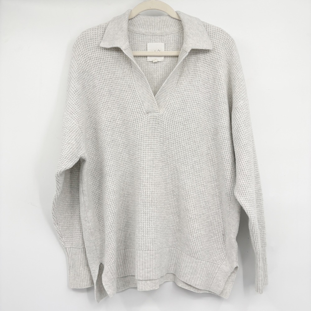 Aerie Womens Gray Cozyup Waffle Knit Oversized Lounge Cozy Polo Sweater Size S - Picture 2 of 6